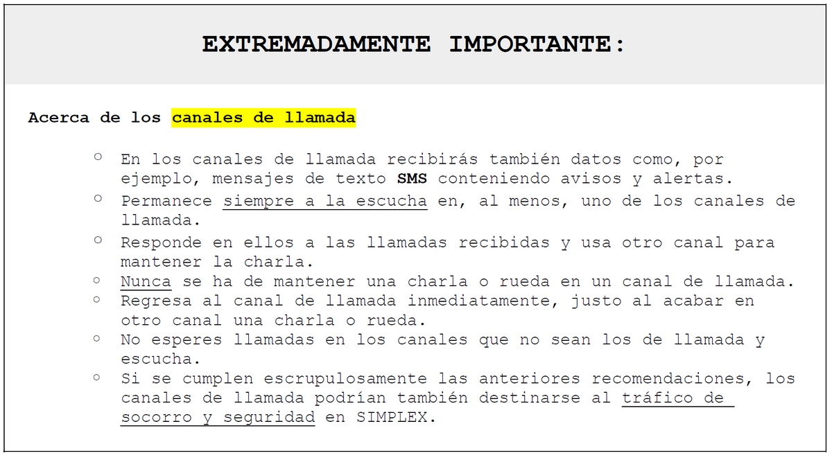 Recomendación de uso de los canales de llamada 1V y 1U.